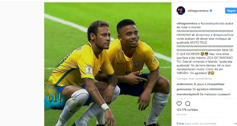 Neymar e Gabriel Jesus comemoram gol em homenagem a comediante taboanense, Thiago Ventura