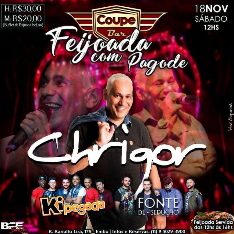Cantor Chrigor se apresenta no Coupe Garage pelo ‘Pagode com Feijoada’ neste sábado
