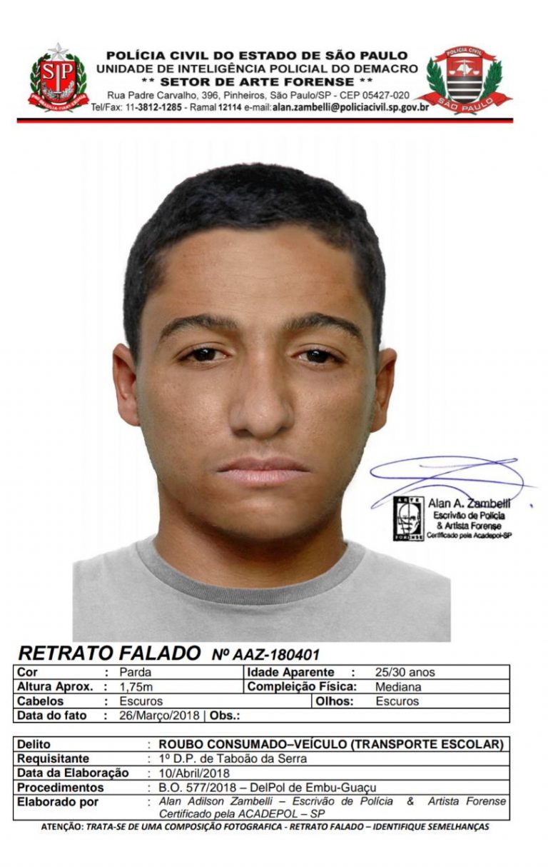 Retrato falado de suspeito pelo sequestro de vans escolares em Taboão da Serra é divulgado pela Polícia Civil