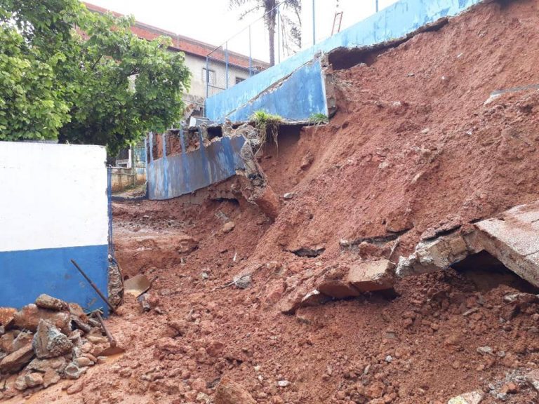 Após chuva forte cai muro de escola; aulas estão suspensas